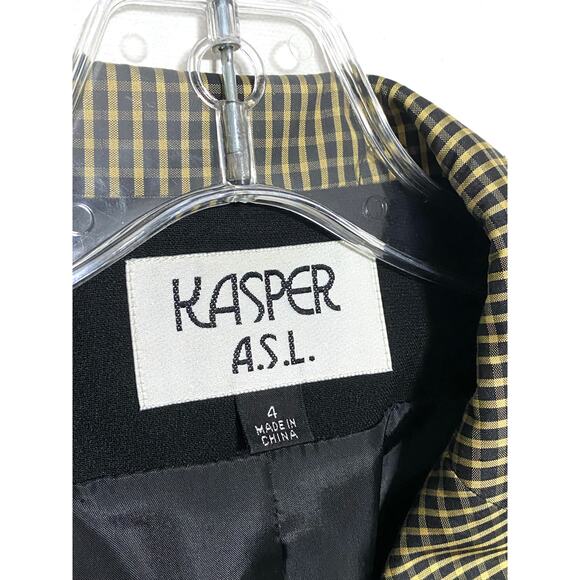 Kasper ASL Suit Jacket Blazer Black Gold Tan Checks Collar Cuffs Lined Womens 4 - Picture 6 of 8